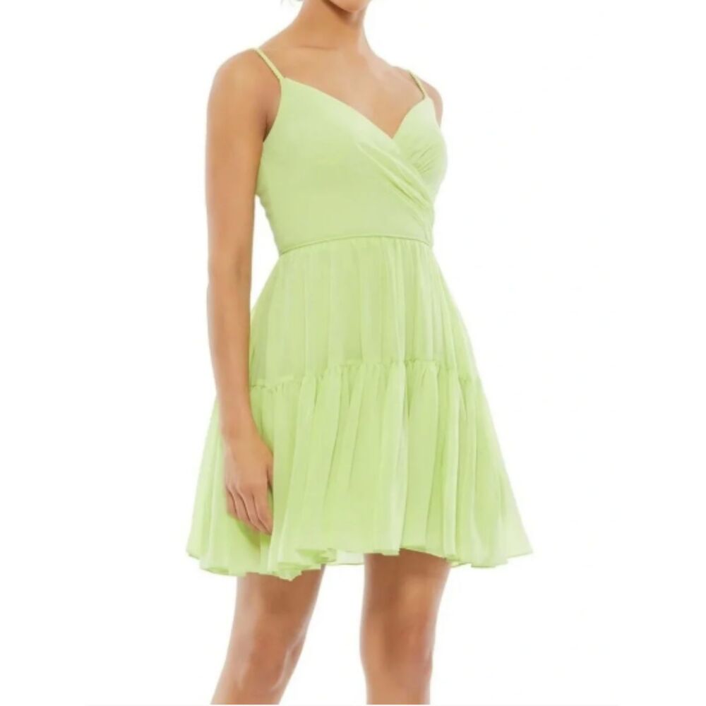 Ieena Mac Duggal 70200 Mint Chiffon Faux Wrap Tiered Mini Dress 8 NWT
